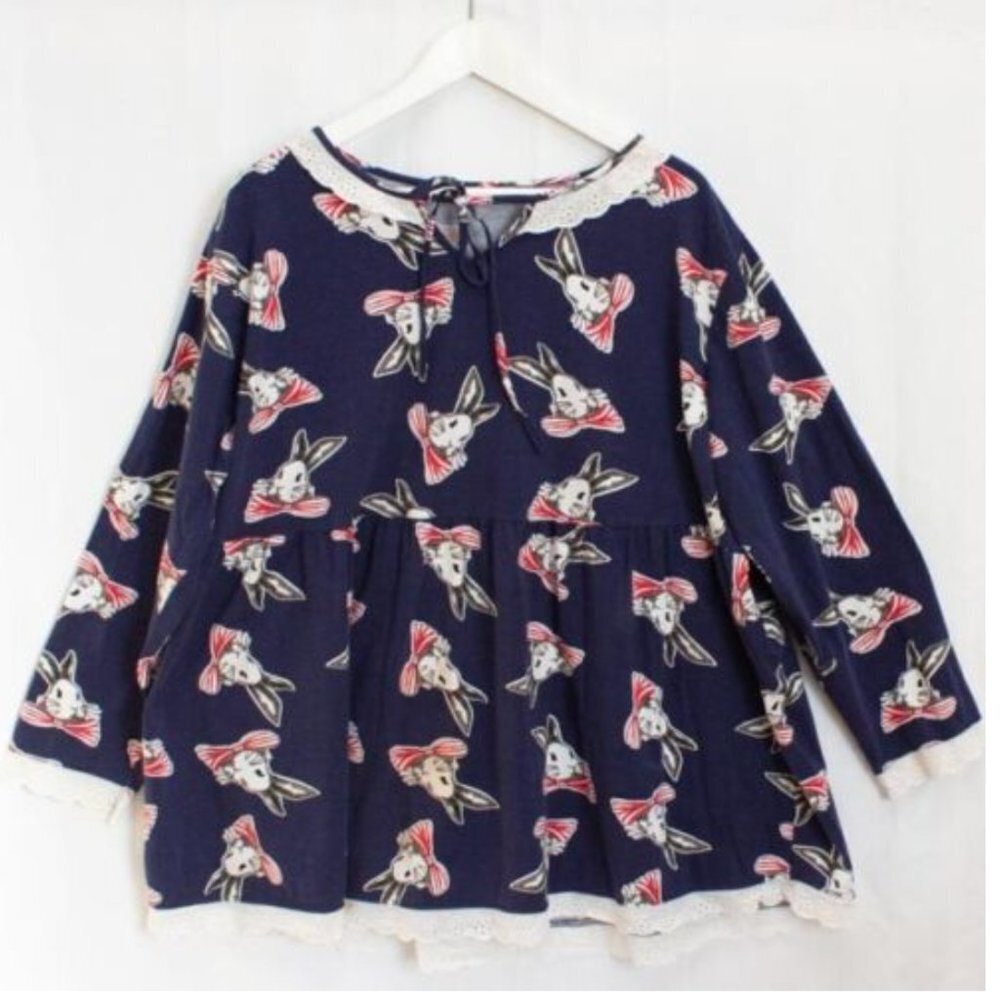 Women Plus Size 5XL  Alice in Wonderland Rabbit Print Top Blouse Embroidered Hem